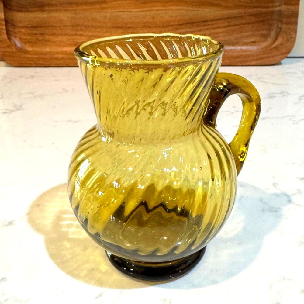 Vintage Hand Blown Amber Swirl small Glass Pitcher boho MCM eclectic artsy - Picture 3 of 11